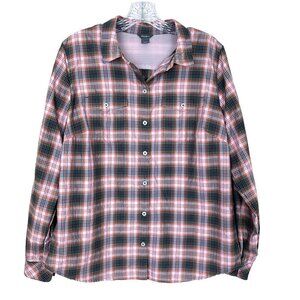 Eddie Bauer Womens L Long Sleeve Shirt Plaid Green Hiking Lightweight Travel